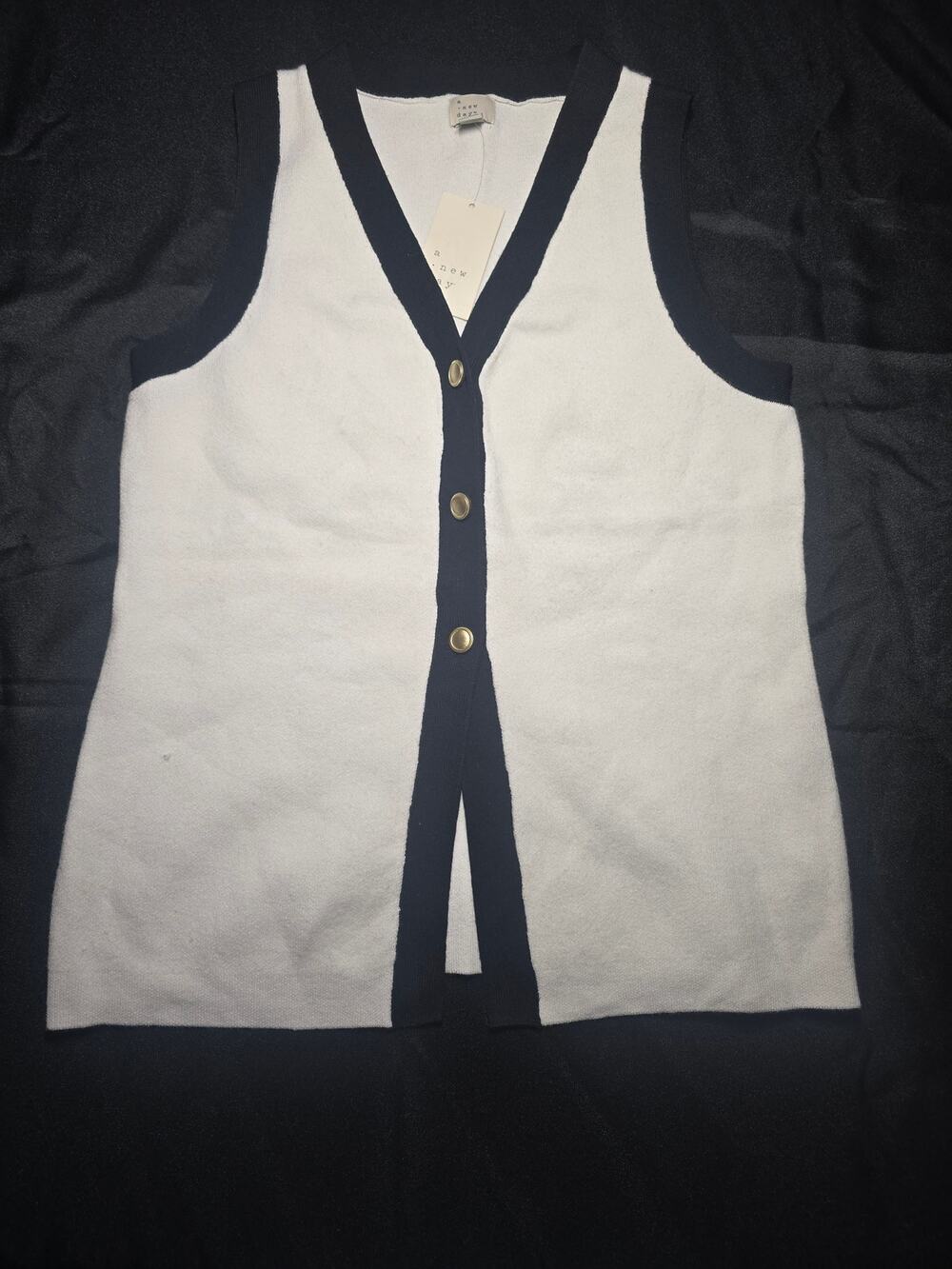 A New Day Contrast Trim Sweater Vest Button Front Cream Black